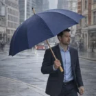 Man in a suit with a Leo 24" Rpet Umbrella Ii walks on a rainy city street.