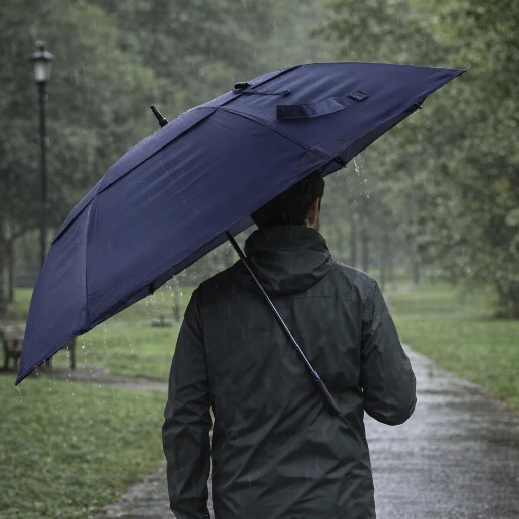Person walks in a park on a rainy day, holding a 60-Inch Vented Tipless Ends Golf Umbrella.
