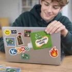Smiling teen places a green Vinyl Stickers decal on a laptop covered in stickers.
