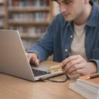 Man in library inserts Wooden Usbs into laptop, with books stacked nearby.