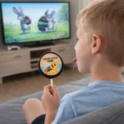 Boy with Wrapped Chocolate Lollipops watching cartoon bunnies on TV.
