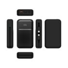 Black portable power bank shown from multiple angles with visible ports and digital display.