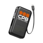 Black portable power bank with CPB Contractors logo and attached charging cable.