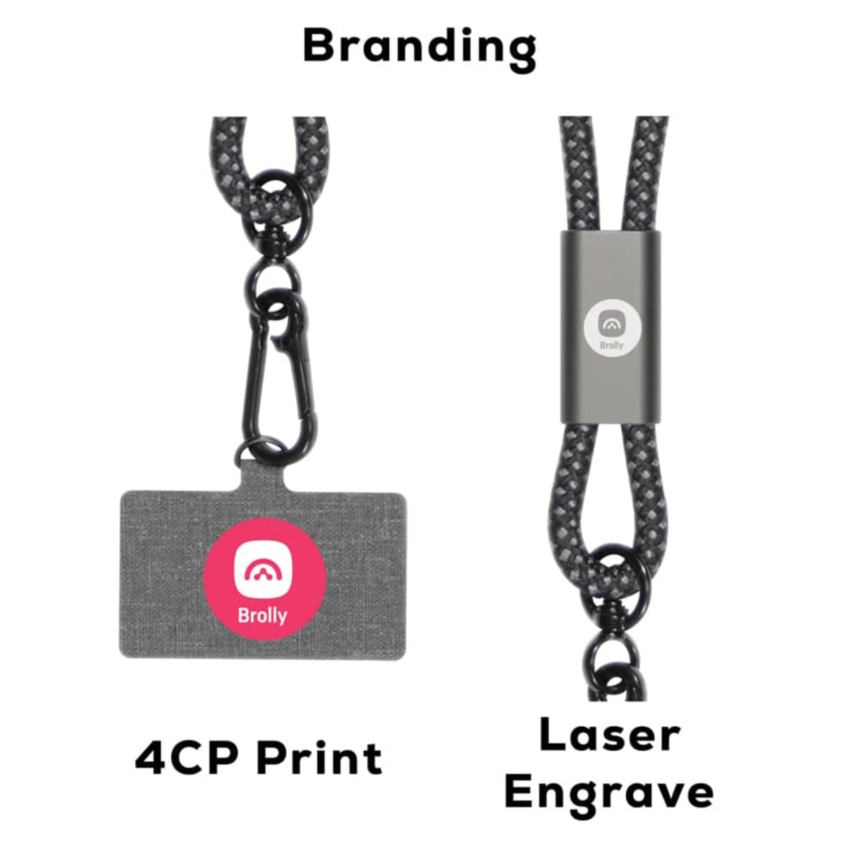 Two branded lanyards: one with a printed tag, one with a laser-engraved metal clip.