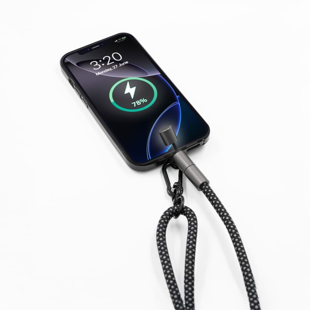Smartphone charging with a braided lanyard cable, battery at 78% on a white background.