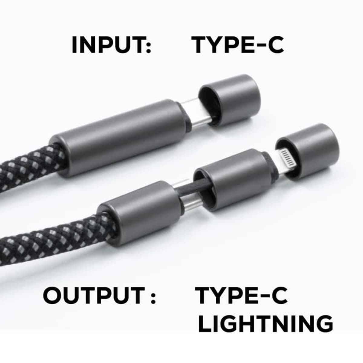Two black braided cables with Type-C and Lightning connectors, labeled input and output.