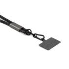Black lanyard with a metal clasp and a blank rectangular tag attached.