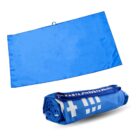 A blue towel shown unfolded and rolled up with a zippered case.