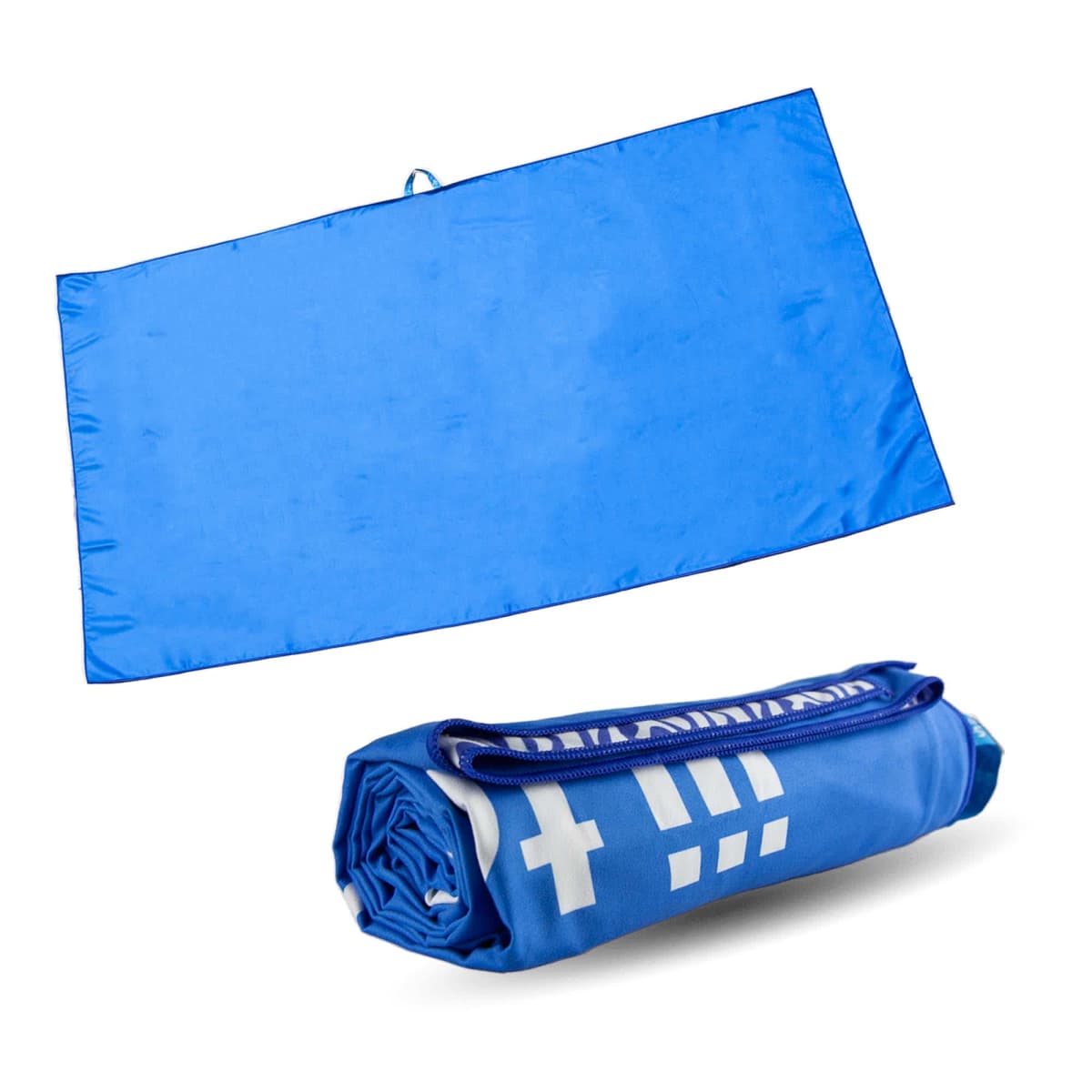 bt006_1.jpg A blue towel shown unfolded and rolled up with a zippered case.