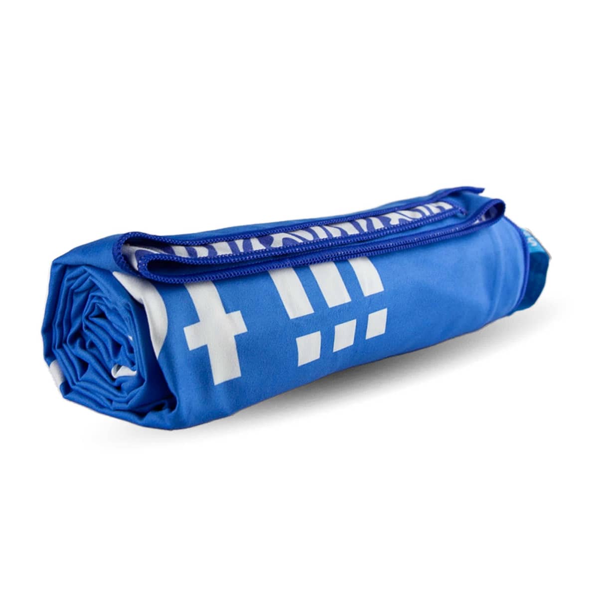 A rolled-up blue towel with white text and a zippered pocket on top.