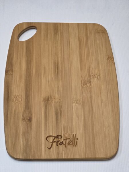 Rectangular wooden cutting board with handle hole and Fratelli EPS printing at the bottom.