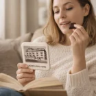 Woman enjoys 100mm x 100mm x 6mm square chocolates while reading on the couch.