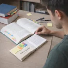 A person studies at a desk with open books and Office Sticky Tabs Combo C.