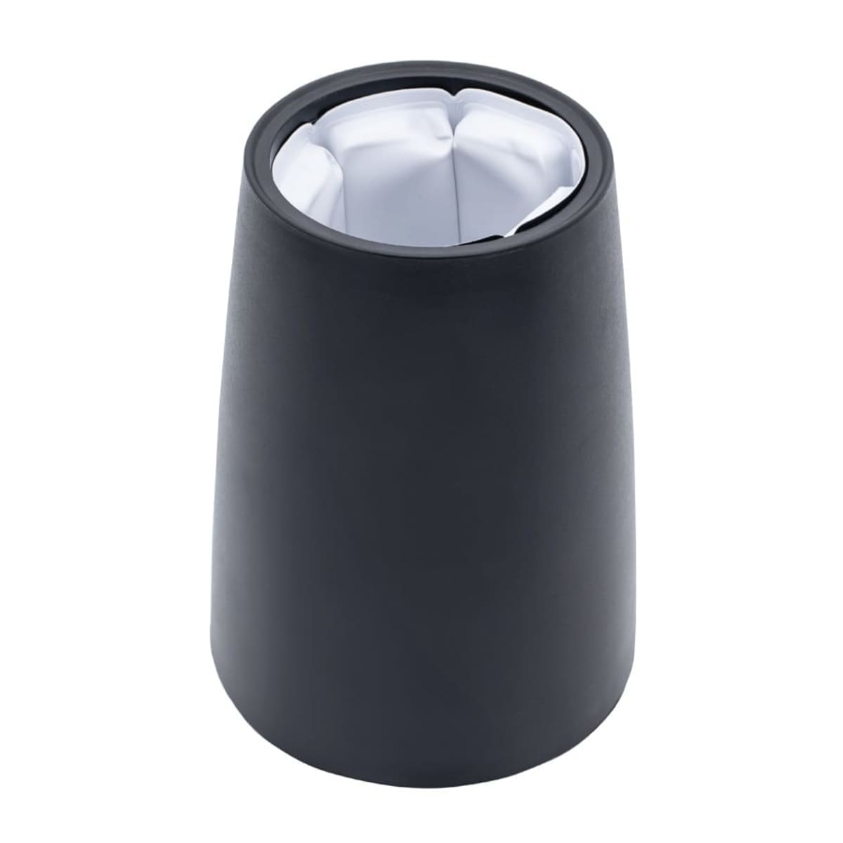 Black cylindrical ice cube holder or cup with a white interior, shown on a white background.