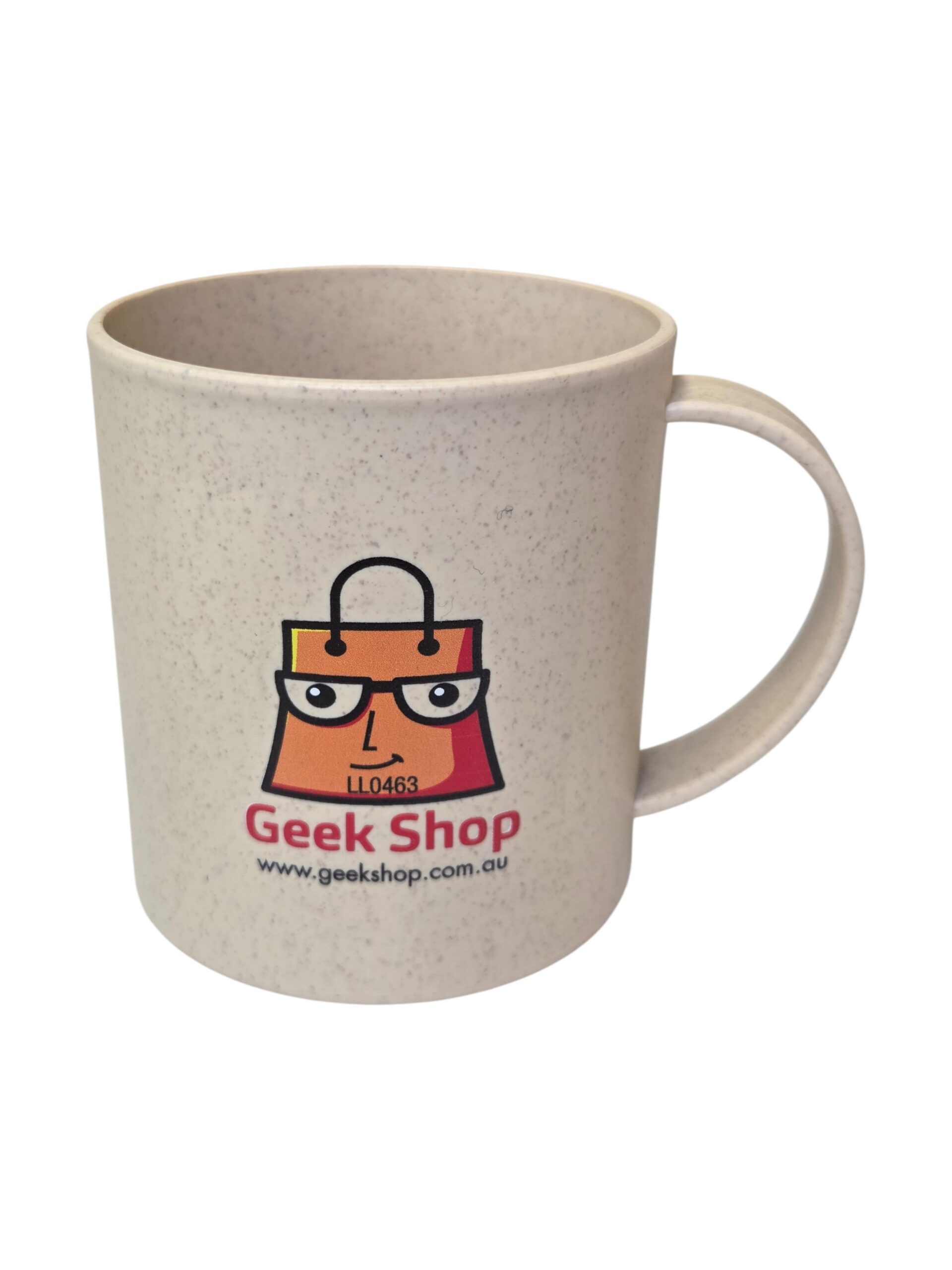 Beige mug with Geek Shop logo, website, and a stylized shopping bag face for Brisbane fans.