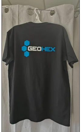 Black t-shirt with blue and white GEOHEX logo, perfect for Aussie business needs in 2026.