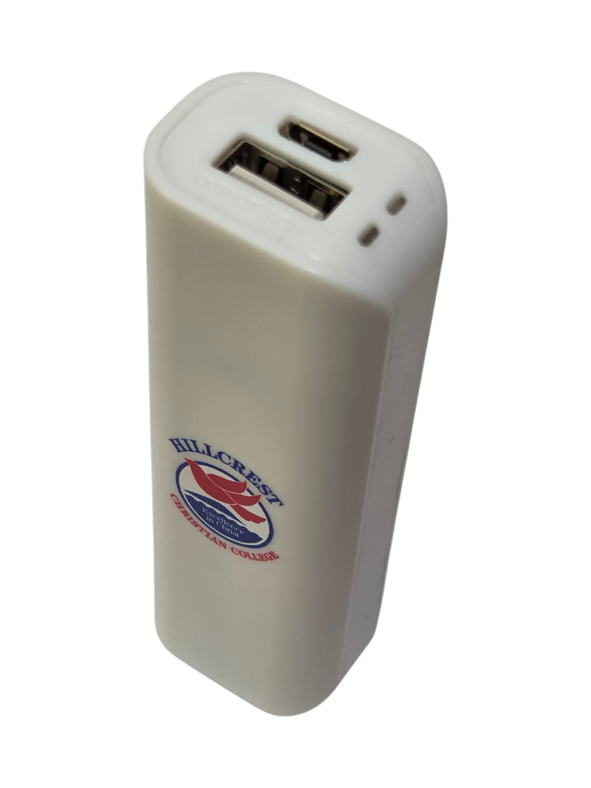 White portable power bank with USB ports, ideal for corporate gifts or employee appreciation.