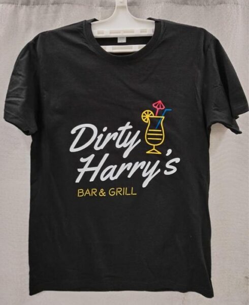 Black unisex apparel t-shirt with Dirty Harrys Bar & Grill and a cocktail graphic on the front.