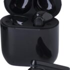 Black wireless earbuds with charging case, one earbud inside, one earbud outside.