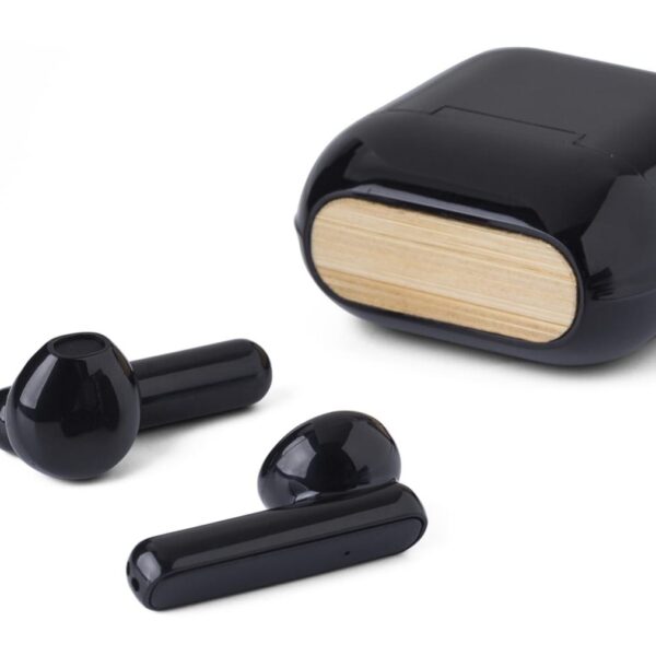 Black wireless earbuds with a matching case featuring a wooden accent.
