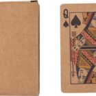 A plain brown card box next to a Queen of Spades playing card with a brown background.