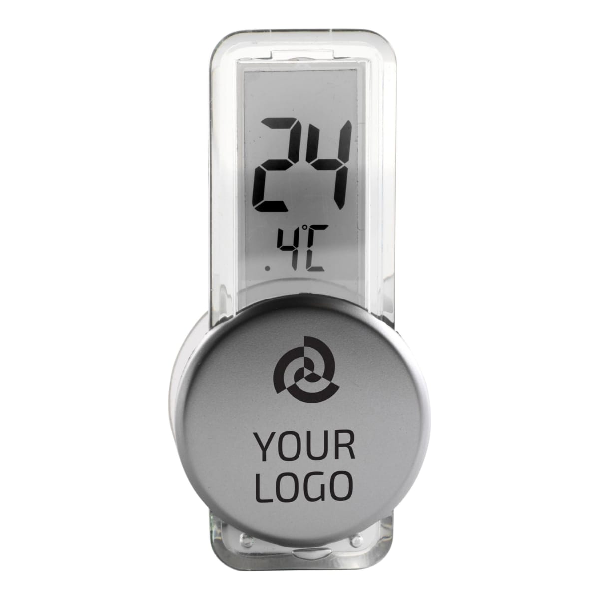 impr_1118435.jpg Digital thermometer displaying 24°C with a round silver button labeled Your Logo.