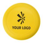 Yellow frisbee with a black abstract logo design and the text YOUR LOGO in the center.