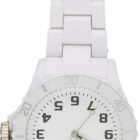 White fob watch with black numbers and inverted clock face, clipped at the top.