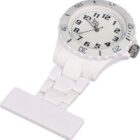 White nurse fob watch with black numerals and a plastic strap, angled on a white background.