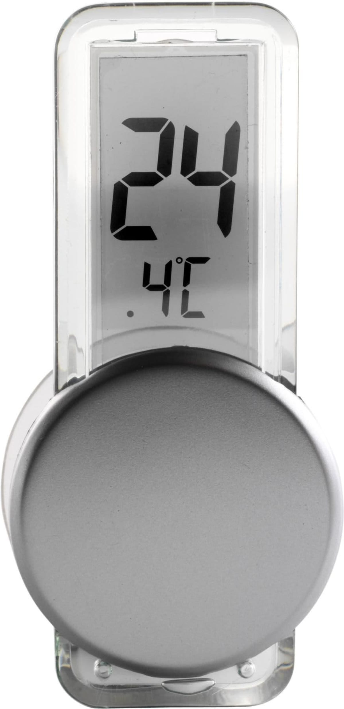 Digital thermometer displaying 24.4°C with a silver circular base, transparent body.