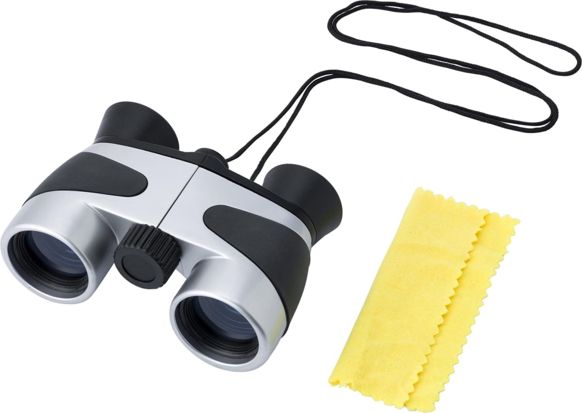 impr_925520.jpg Black and silver binoculars with a neck strap and a yellow cleaning cloth beside them.