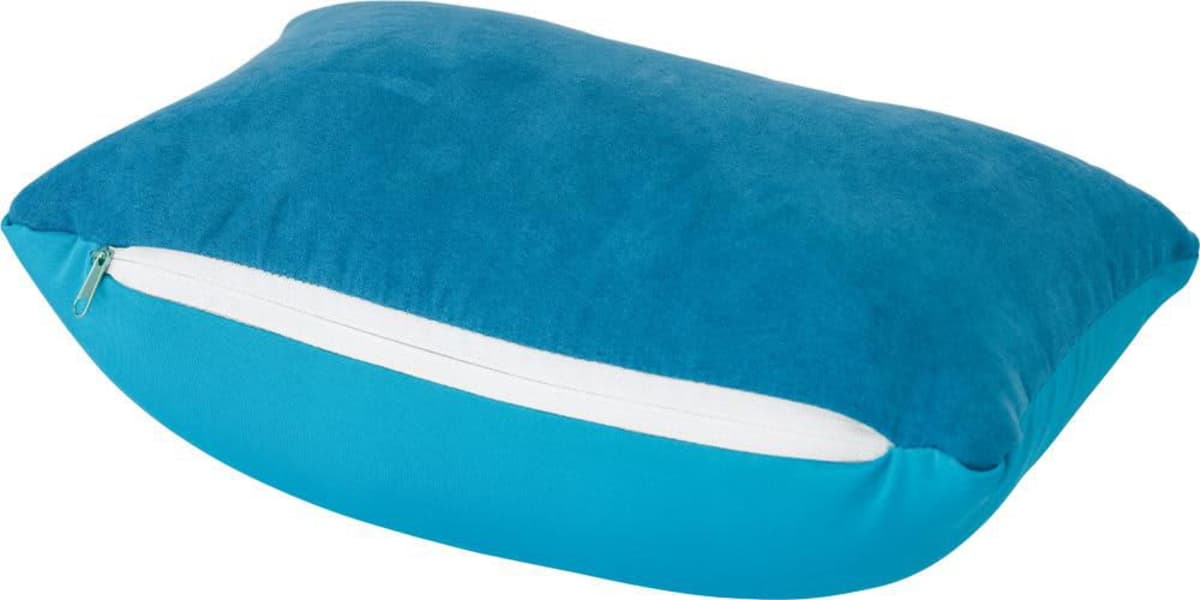 Blue pillow with a white zipper partially visible on one side, set against a white background.