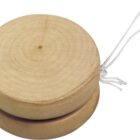 A plain wooden yo-yo with a white string attached.