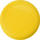 A bright yellow plastic flying disc against a white background.