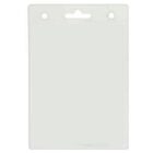 Clear plastic badge holder with holes for attaching to a lanyard or clip.