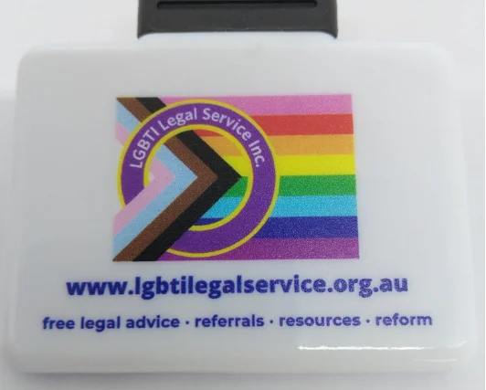 LGBTI Legal Service logo with Pride colors, website link, and legal service clips for advice.