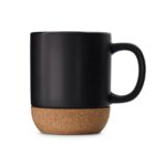 Black ceramic mug with a brown cork base, shown on a plain white background.