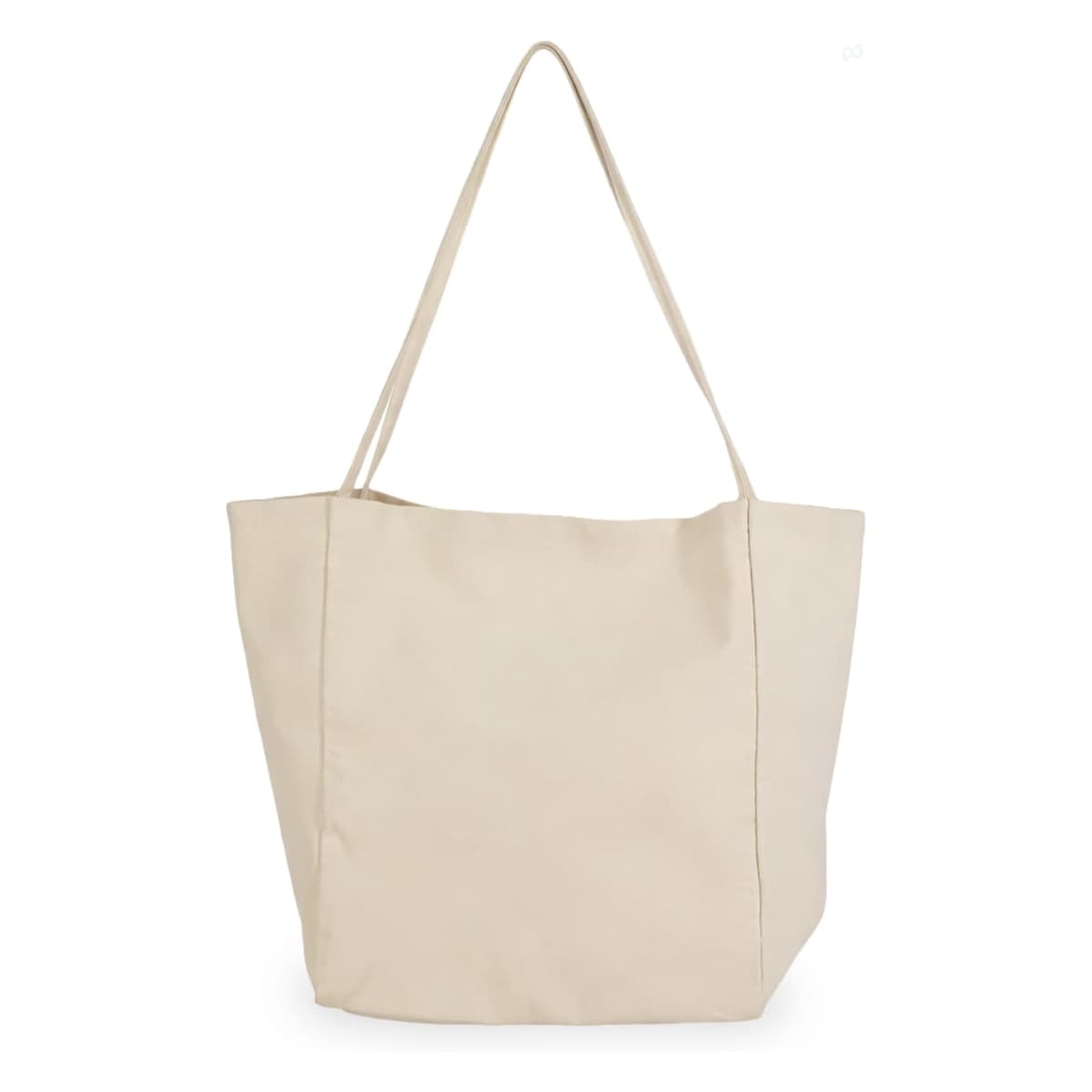 Beige tote bag with long shoulder straps, set against a white background.