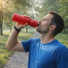 Man in blue shirt drinks from 750Ml Fliptop Bottle on a tree-lined park path.