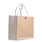 Beige and white canvas tote bag with handles, shown on a plain white background.