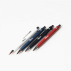Five pens in white, blue, black, and red, arranged diagonally on a white background.