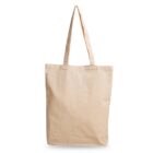 A plain beige canvas tote bag with long handles on a white background.