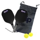 Two black pickleball paddles, two yellow balls, and a drawstring bag with flipped logo.