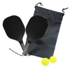 Two black pickleball paddles, a black bag, and two yellow perforated balls on a white background.
