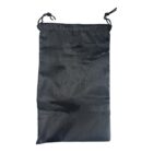 Black drawstring bag lying flat against a white background.