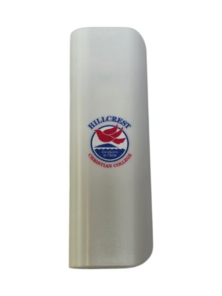 White plastic case, ideal for corporate gifting, with Hillcrest Christian College logo in blue and red.