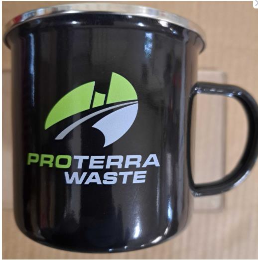 Black mug with PROTERRA WASTE, a green and white logo—perfect for account managers.