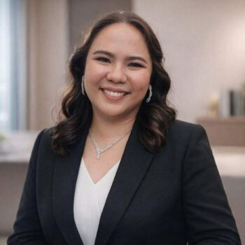 Meet the team: Woman in a black blazer, smiling with wavy hair and diamond jewelry, indoors.