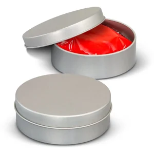Putty or slime tub with a printed label