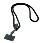 Black lanyard with a badge holder attached, lying on a white background.